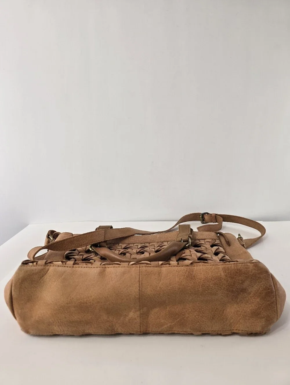 Anabaglish Hadley Woven Leather Satchel Crossbody With Pouch Bag Purse Set Tan